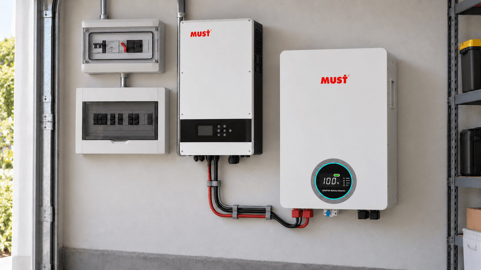 Sistema Elyra Home Plus instalado en la pared de un cuarto de servicio: caja de transferencia y tablero a la izquierda, inversor blanco al centro y batería de pared blanca con indicador circular a la derecha, con canalización gris entre ellos.