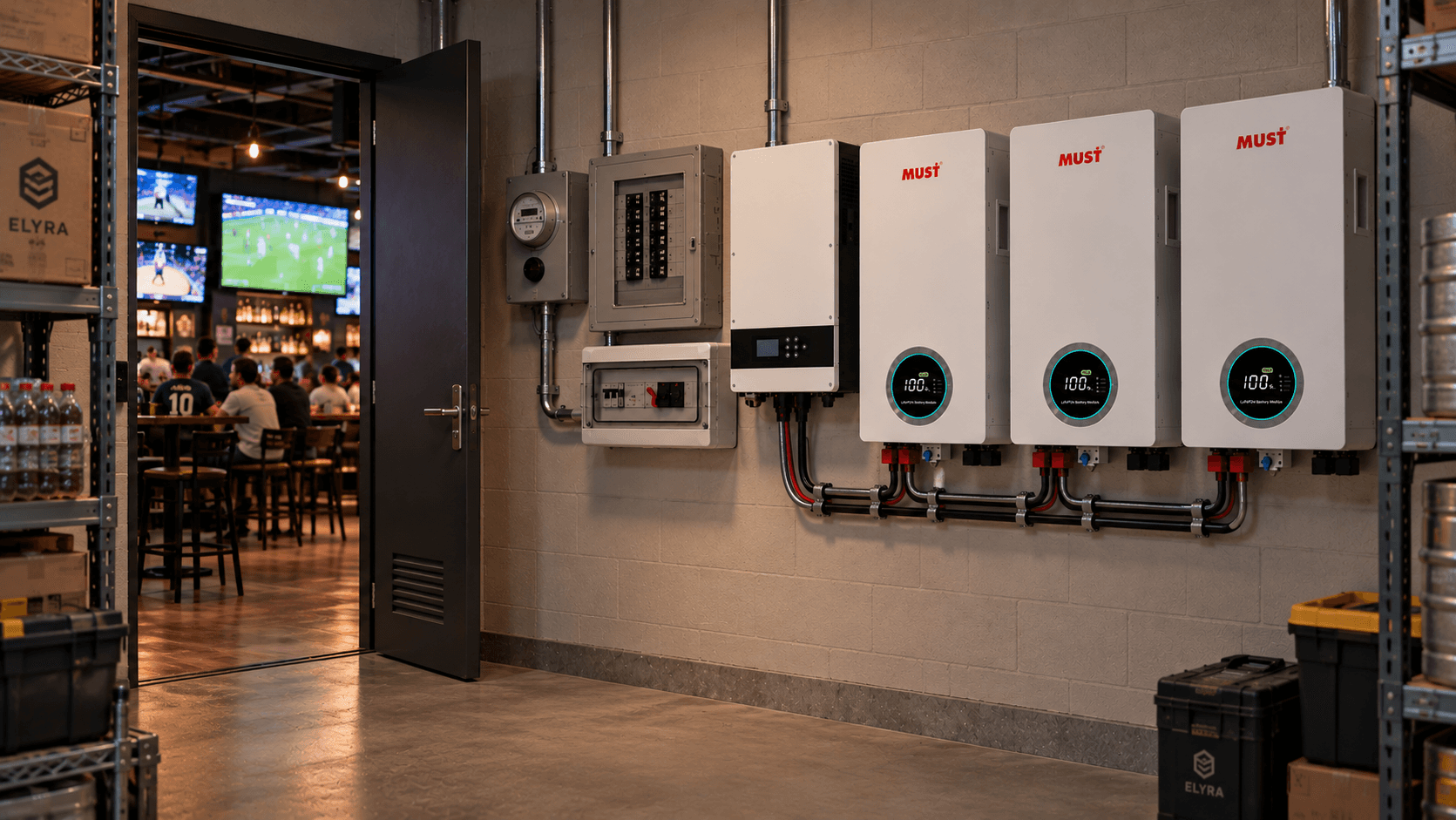 Restaurante: cuarto técnico con tablero eléctrico, inversor MUST y tres baterías montadas en pared; al fondo, a través de una puerta abierta, un restaurante con clientes en mesas altas.