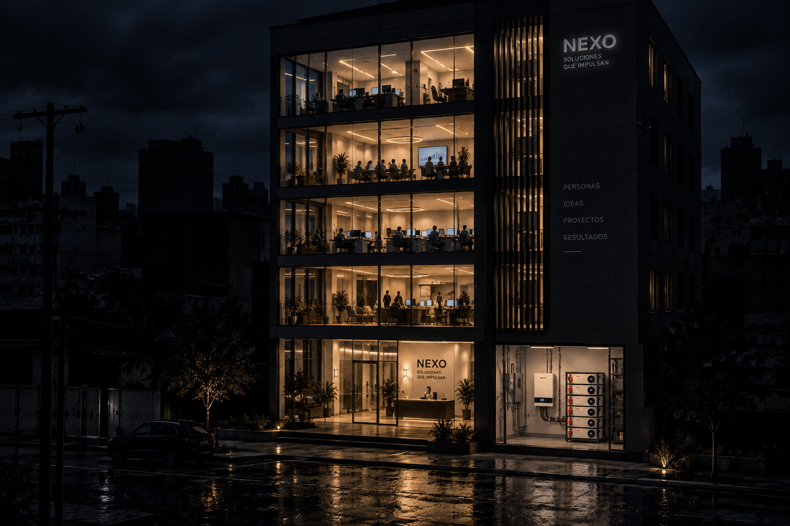 Edificio de oficinas de varios pisos, de noche durante un apagón: la calle y las construcciones vecinas están a oscuras, mientras el edificio permanece completamente iluminado y en operación, con el sistema Elyra Home Plus visible en la planta baja.